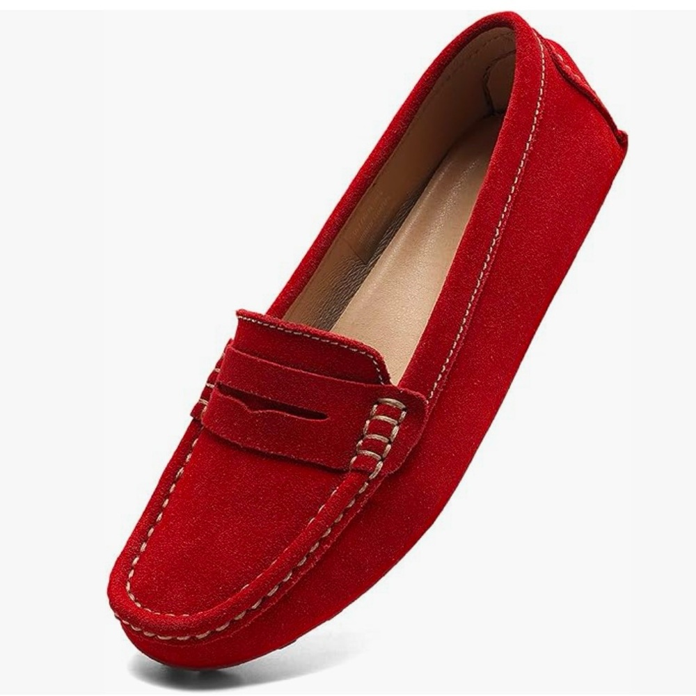 Osslue Women's 11 Red Suede Leather Casual Penny Loafers Retro Ladies Moccasins